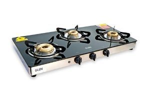 GLEN Glass Gas Stove 1033GTXL with Auto Ignition Forged Brass Burner, Double Drip Tray