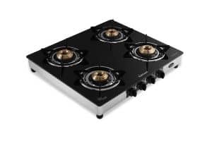 Sunflame GT 4B REGAL SS Toughened Glass 4 Burner Gas Stove (Manual Ignition, Black)