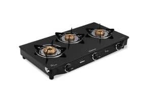 Sunflame GT Pride Glass Top 3 Brass Burner Gas Stove (Manual Ignition, Black)