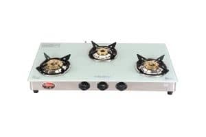 Surya Flame Stainless Steel & White Pearl Glass Top 3 Burners Gas Stove, Silver